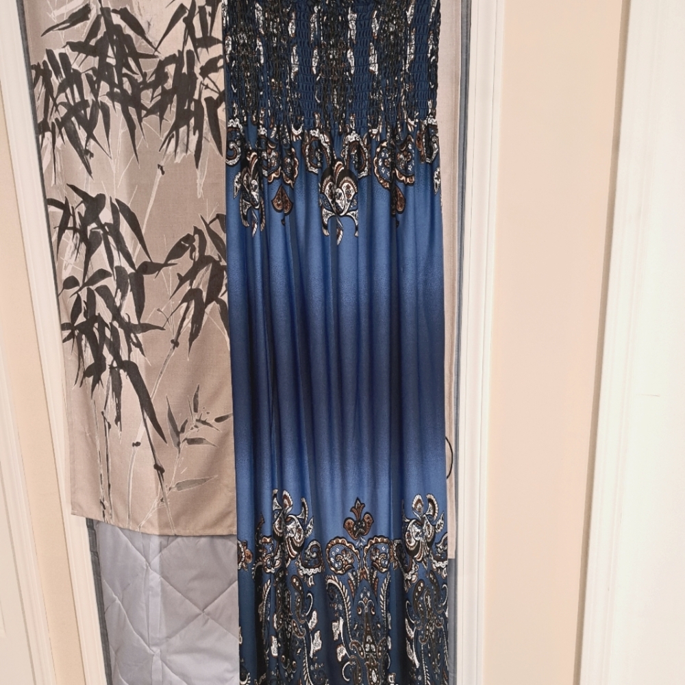 Blue Medium Strapless Maxi Dress Stretchy Paisley Bohemian